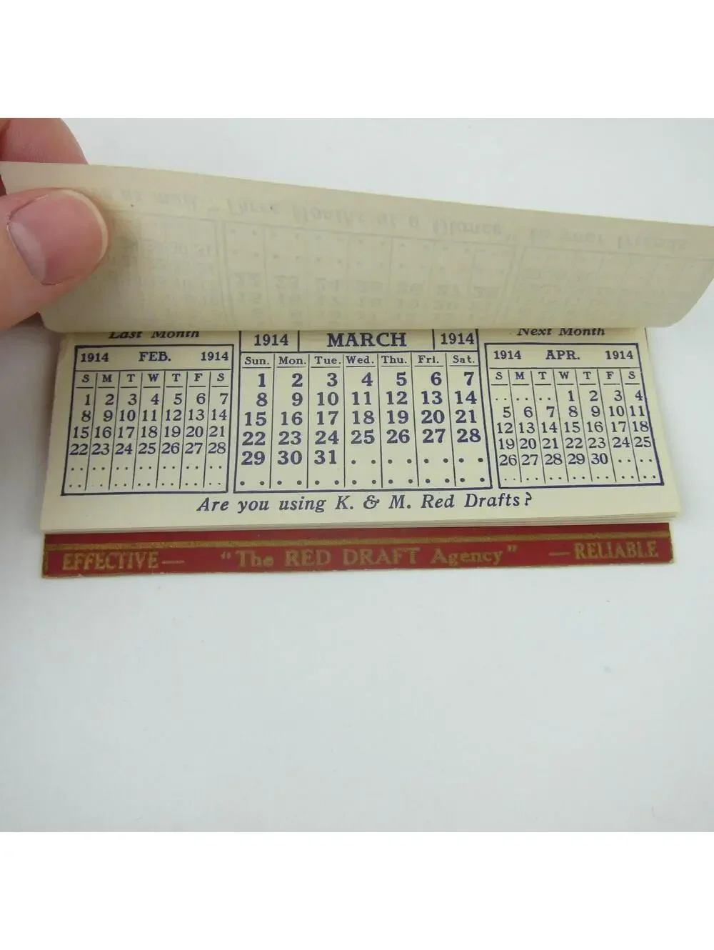 Antique 1914 Calendar Pad K. & M. Red Drafts Agency Debt Collection 4.75 x 2.5